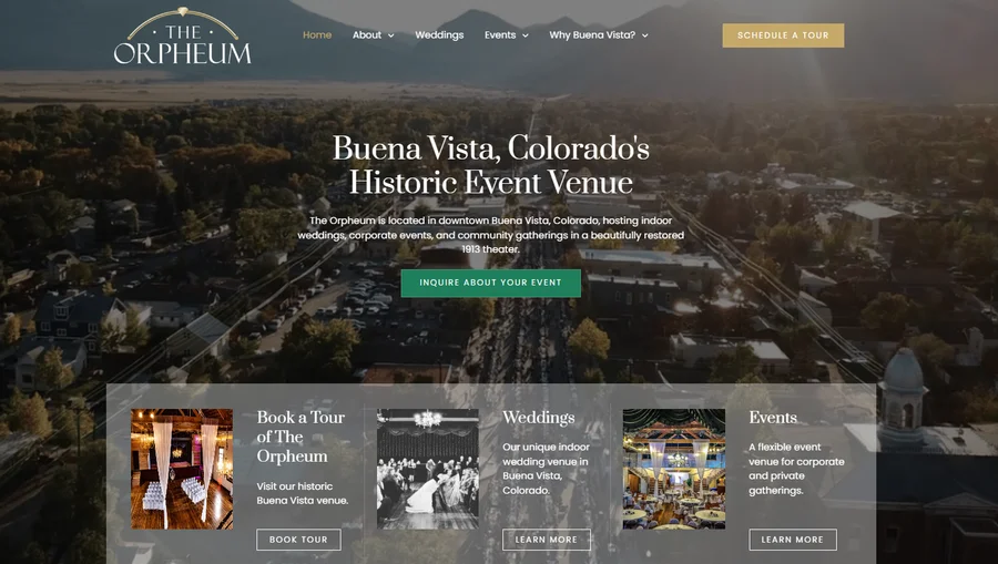 The Orpheum homepage showcasing its Colorado wedding and event venue.